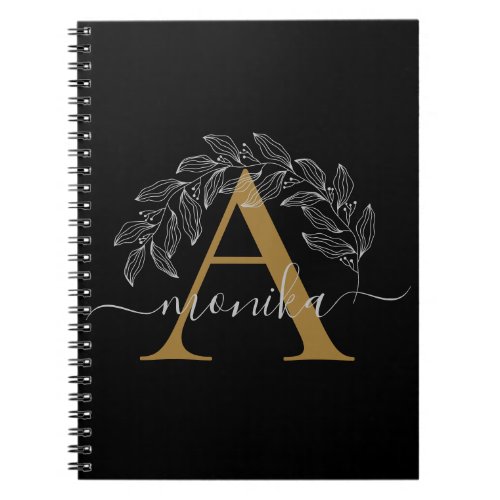 Elegant Minimal Black Gold Monogram Name Floral Notebook