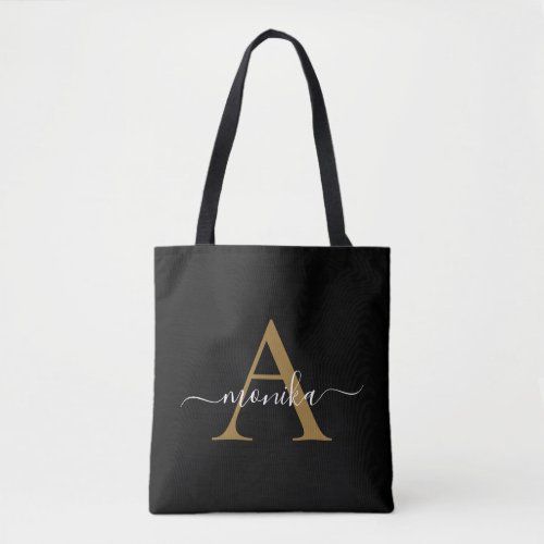 Elegant Minimal Black Gold Monogram Name Initial Tote Bag