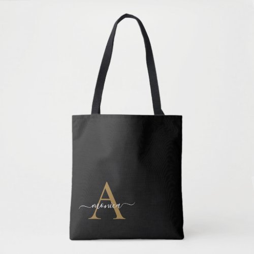 Elegant Minimal Black Gold Monogram Name Tote Bag