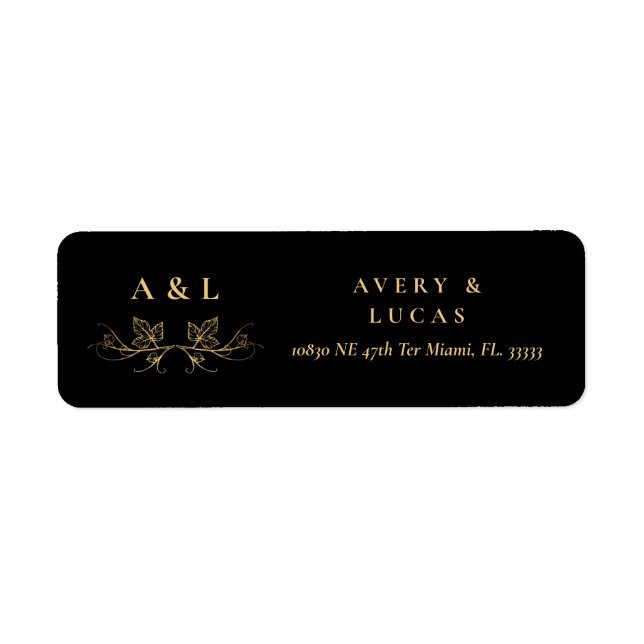 Elegant Minimal Black Gold Monogram Wedding Return Label (Front)