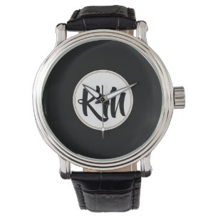 Elegant Minimal Black Gold Monogrammed Watch