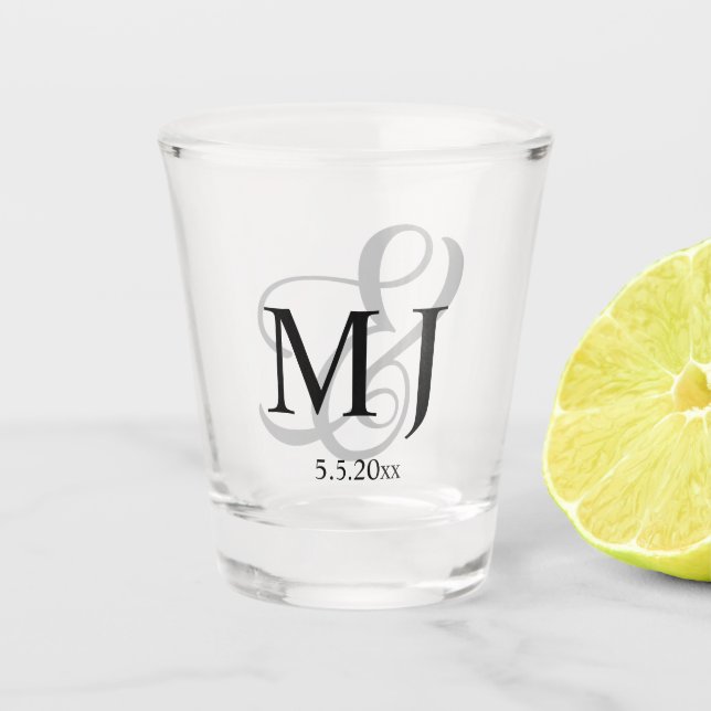 elegant minimal black grey wedding monogram shot glass (Front)