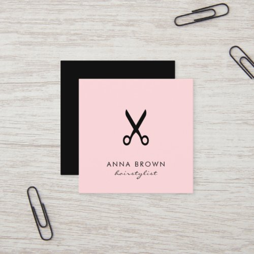 Elegant minimal black pink scissors hairstylist square business card