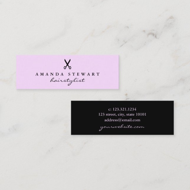 Elegant minimal black purple scissors hairstylist  mini business card (Front/Back)