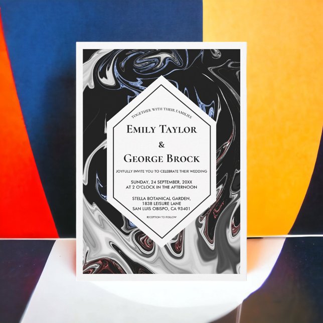 Elegant Minimal Black White Blue Abstract Wedding Invitation (Creator Uploaded)