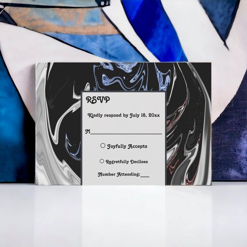 Elegant Minimal Black White Blue Abstract Wedding RSVP Card