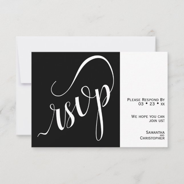 Elegant Minimal Black & White Calligraphy Wedding RSVP Card (Front)