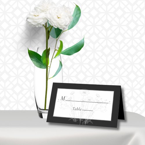 Elegant Minimal Black White Modern Floral Wedding Place Card