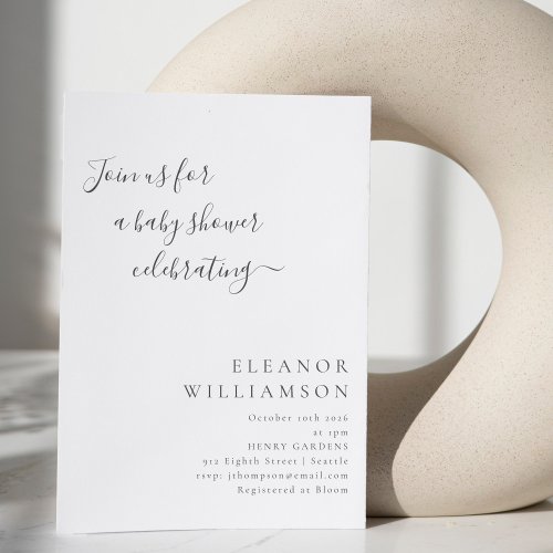 Elegant Minimal Black White Script Baby Shower Invitation