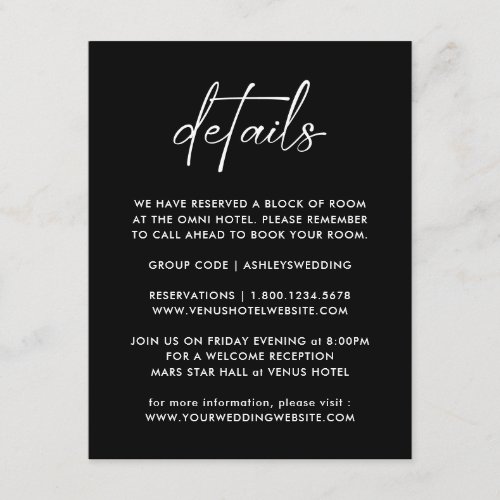 Elegant Minimal Black White Script Wedding Details Enclosure Card