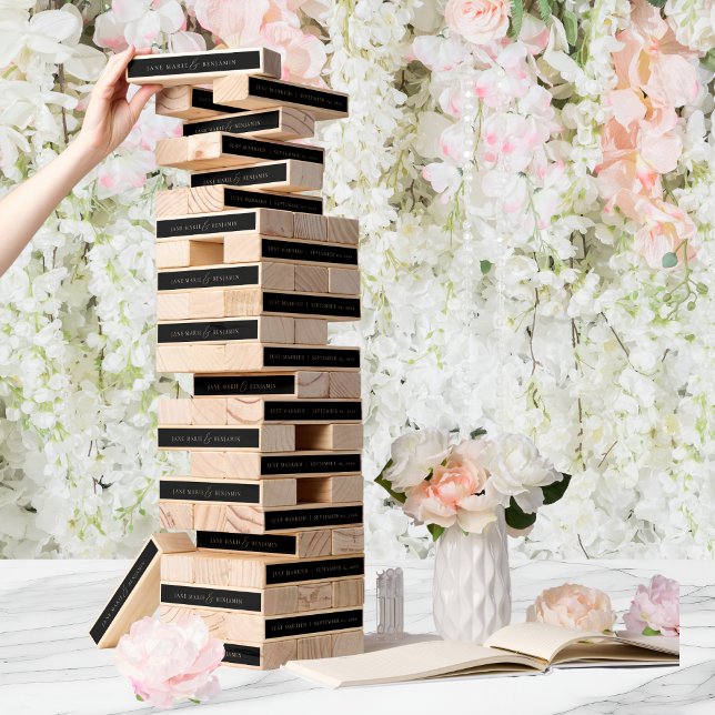 Elegant Minimal Black & White Wedding Games Topple Tower (This topple tower game will entertain your wedding guests and will make a fun keepsake)