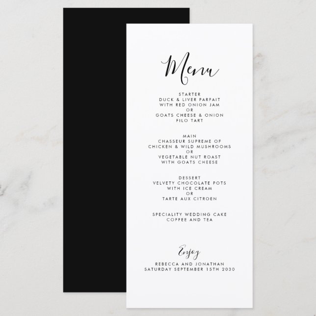 Elegant Minimal Black White Wedding Menu Card (Front/Back)