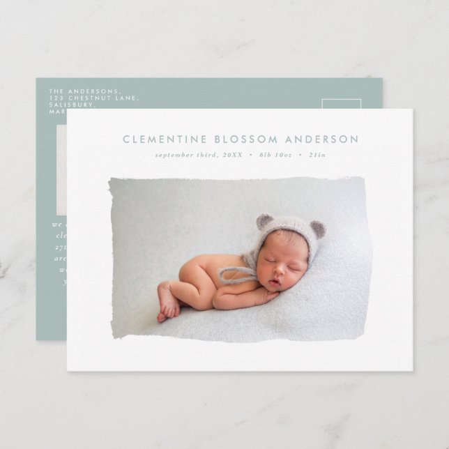 Elegant minimal blue birth announcement photo (Front/Back)