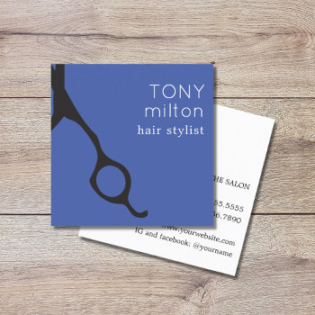 Elegant Minimal Blue Black Scissors Hairstylist Square Business Card by pro_business_card at Zazzle