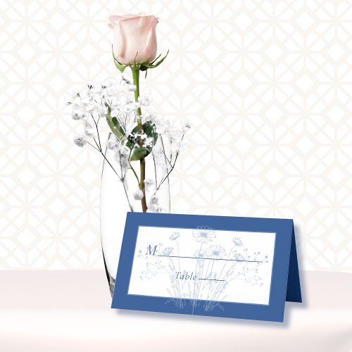 Elegant Minimal Blue Chic White Wildflower Wedding Place Card