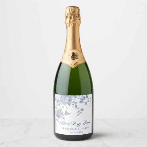 Elegant Minimal Blue French Garden Floral Wedding Sparkling Wine Label