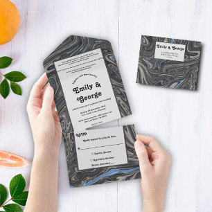 Elegant Minimal Blue Gray Waves Abstract Wedding All In One Invitation