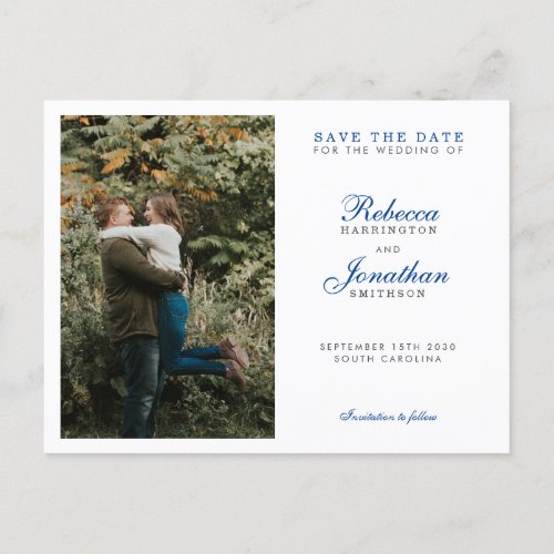 Elegant Minimal Blue Photo Wedding Save The Date Invitation Postcard
