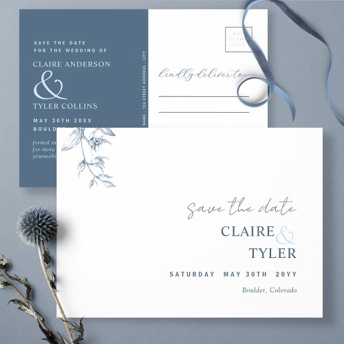 Elegant Minimal Blue Wedding Save The Date Postcard