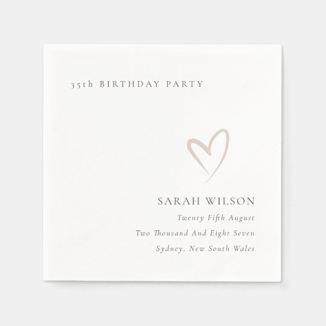 Elegant Minimal Blush Pink Heart Any Age Birthday Napkins (Front)