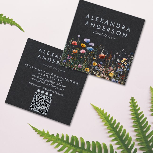 Elegant Minimal Bohemian Wildflowers Watercolor Square Business Card (Elegant Minimal Bohemian Wildflowers Watercolor Square Business Card)