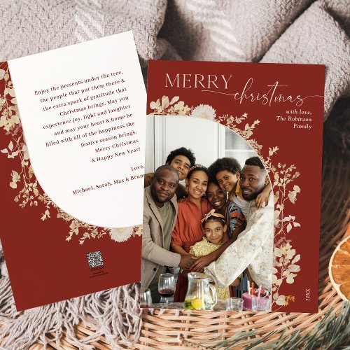 Elegant Minimal Boho Red Christmas Photo  Holiday Card