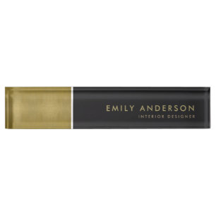 ELEGANT MINIMAL BOLD FAUX GOLD BLACK STRIPS DESK NAME PLATE