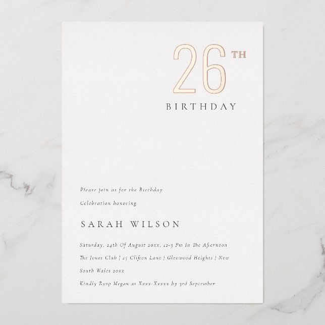 Elegant Minimal Bold Rose Gold Any Age Birthday Foil Invitation (Front)