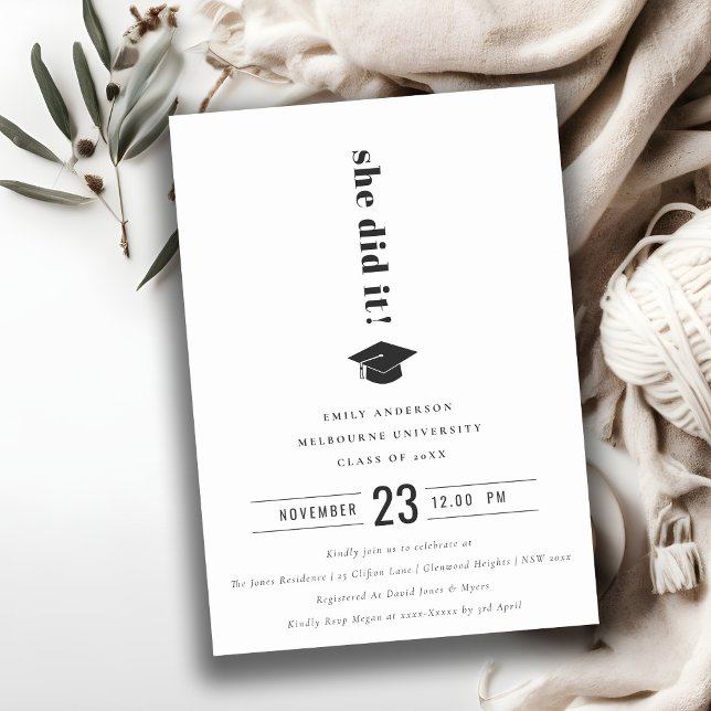 Elegant Minimal Bold Typography Graduation Cap Invitation (Creator Uploaded)