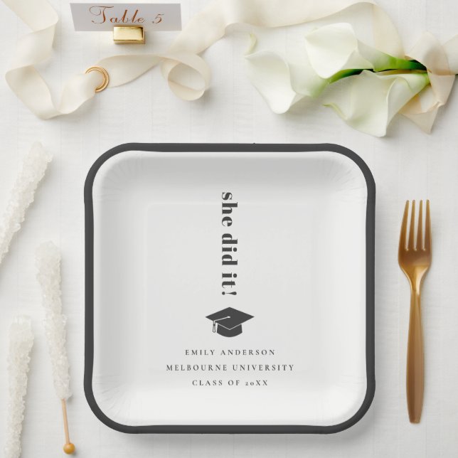 Elegant Minimal Bold Typography Graduation Cap Paper Plates (Wedding)