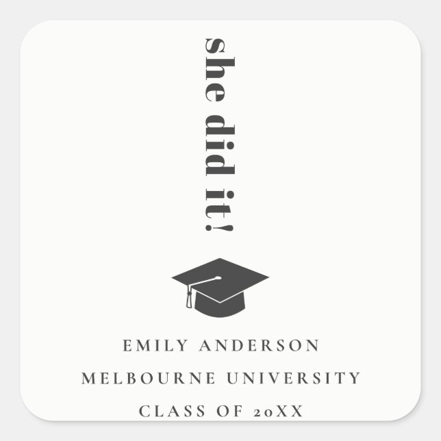 Elegant Minimal Bold Typography Graduation Cap Square Sticker (Front)
