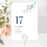Elegant, Minimal Botanical Blue Wedding  Table Number<br><div class="desc">Guide your guests to their table with this elegant wedding table number card. Stylish and simple design with names to the side along with the "and" in modern handwritten calligraphy. Delicate hand-drawn botanical greenery corner detail. Please place an individual order for "each" table number (i.e. for an event with three...</div>