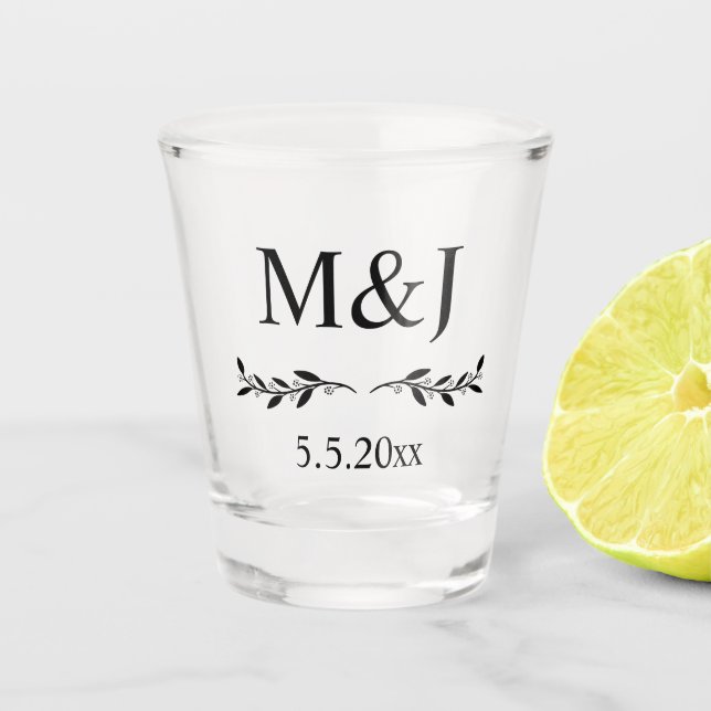 elegant minimal botanical wedding monogram shot glass (Front)