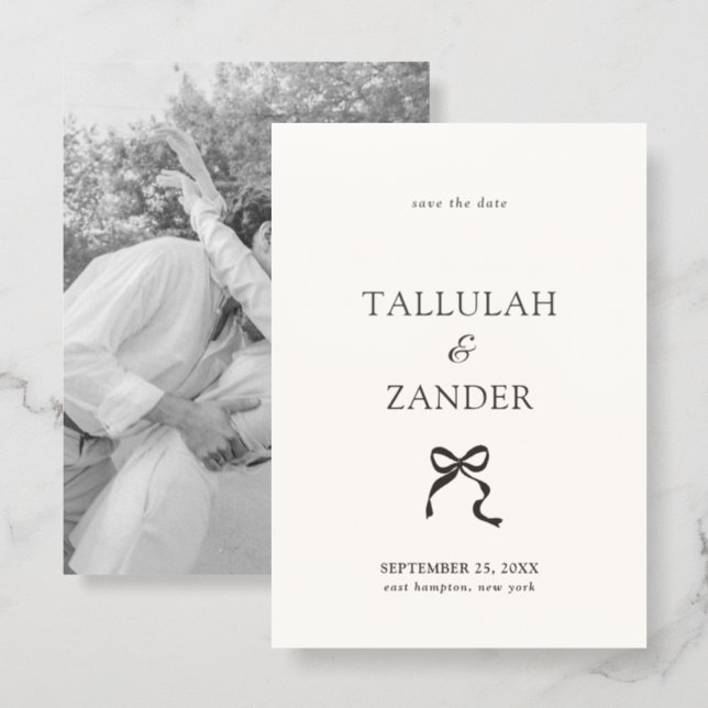 Elegant Minimal Bow Save the Date Letterpress Photo Cards (Front/Back)