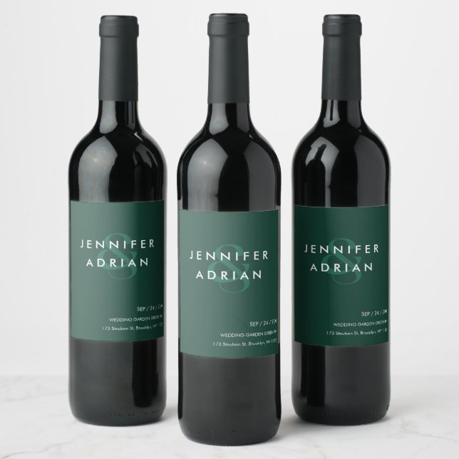 Elegant Minimal Brunswick Green Modern Wedding  Wine Label (Bottles)