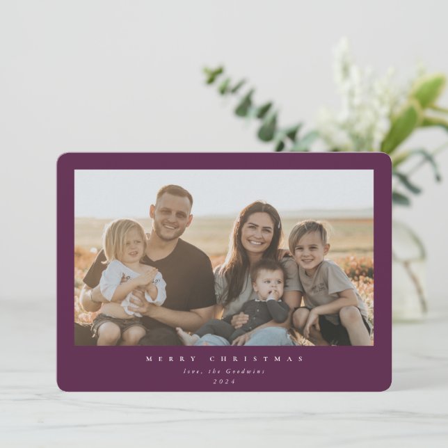 Elegant Minimal Burgundy Frame Single Photo Holiday Card (Standing Front)
