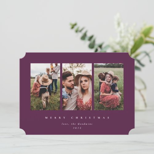 Elegant Minimal Burgundy Frame Triple Photo Holiday Card