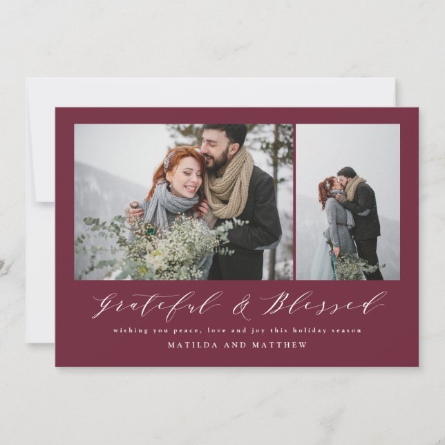 Elegant minimal burgundy photo christmas script holiday card (Front)