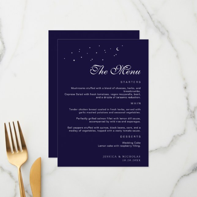Elegant Minimal Celestial Midnight Blue Wedding Menu (Front/Back In Situ)