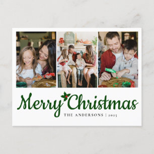 Elegant Minimal Christmas Modern Family 3 Photo Holiday Postcard
