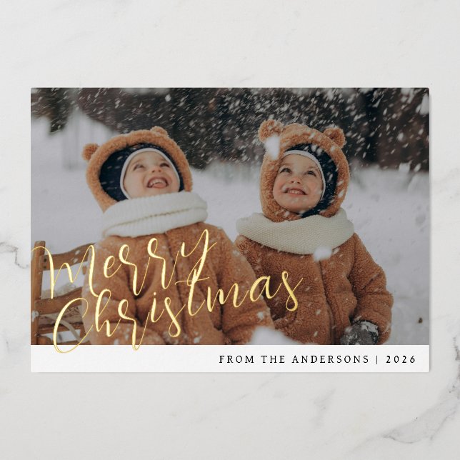 Elegant Minimal Christmas | Modern Family Portrait Foil Holiday Card (Front)