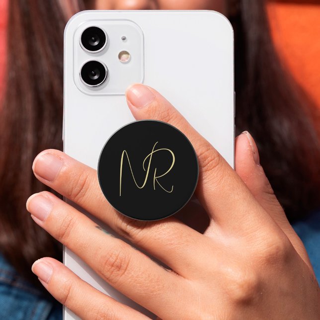  Elegant Minimal Classy Chic Black & Gold Initials PopSocket (Creator Uploaded)