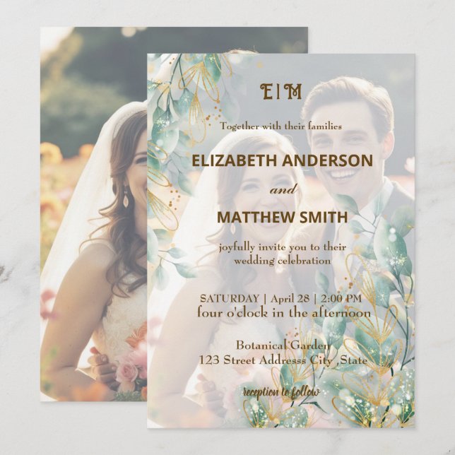Elegant minimal clean neutral rustic photo wedding invitation (Front/Back)