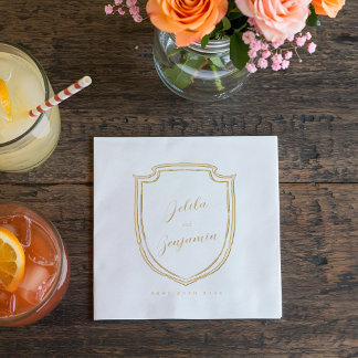 Elegant Minimal Crest Couples Name & Wedding Date Foil Napkins