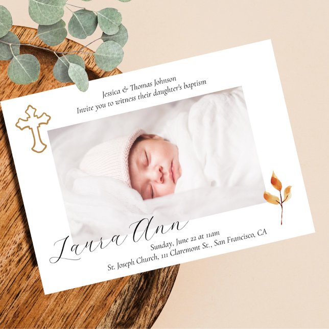 Elegant Minimal Cross Baby Photo Baptism Invitation (Creator Uploaded)