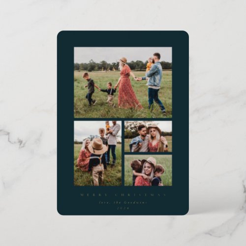 Elegant Minimal Dark Green Frame 4 Photo Foil Holiday Card