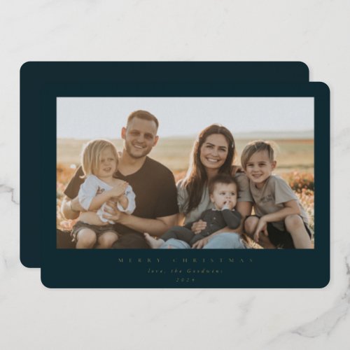 Elegant Minimal Dark Green Frame Single Photo Foil Holiday Card