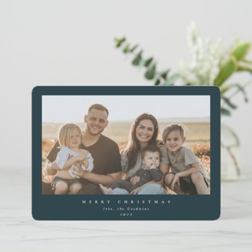 Elegant Minimal Dark Green Frame Single Photo Holiday Card