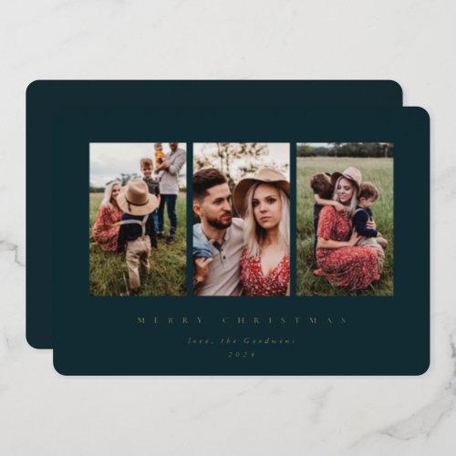 Elegant Minimal Dark Green Frame Triple Photo Foil Holiday Card