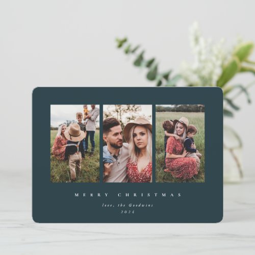 Elegant Minimal Dark Green Frame Triple Photo Holiday Card